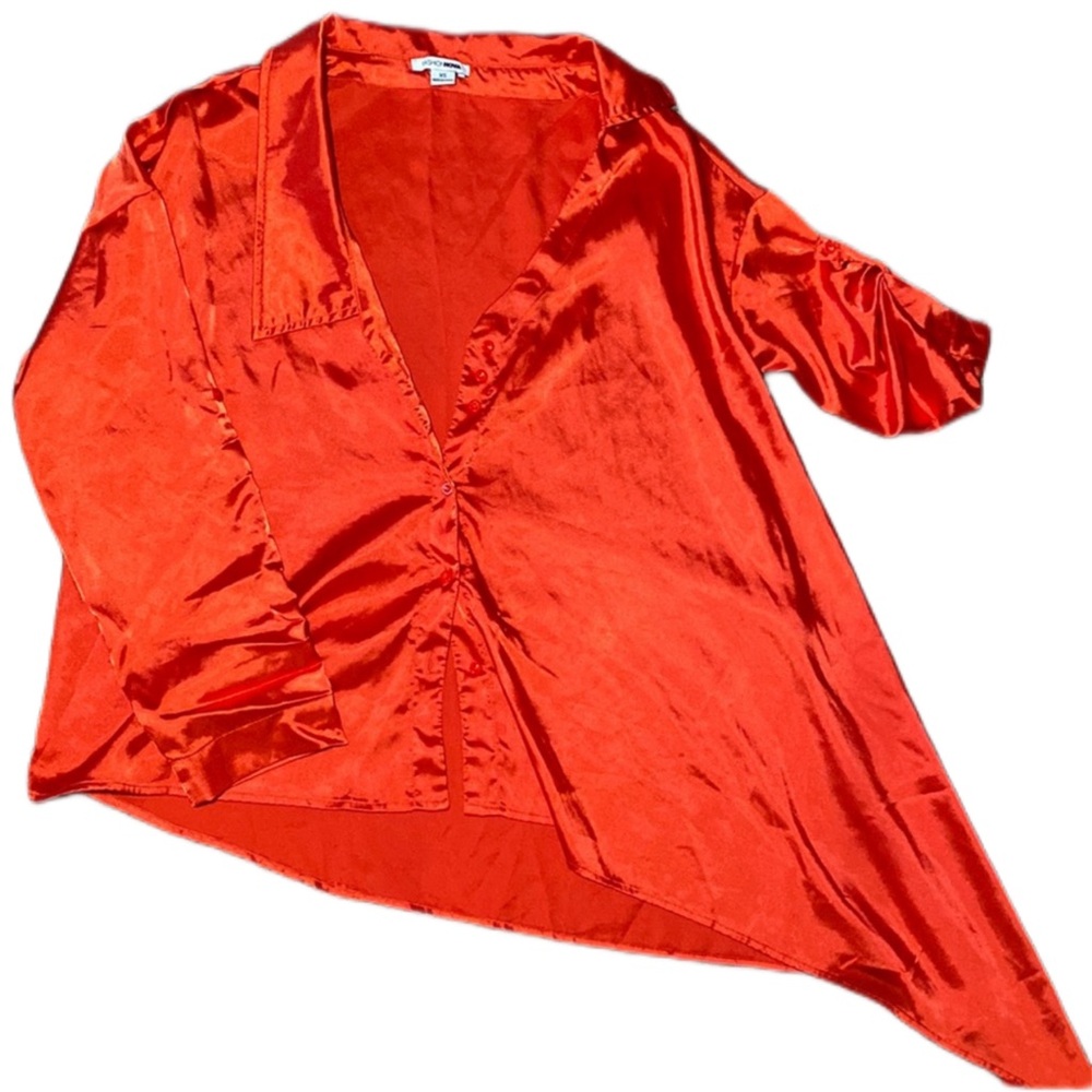 FASHIONNOVA | asymmetrical orange satin shirt with buttons